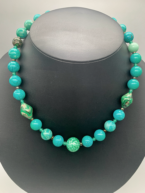 Necklace Set | Turquoise-green round stones, vintage green glass beads