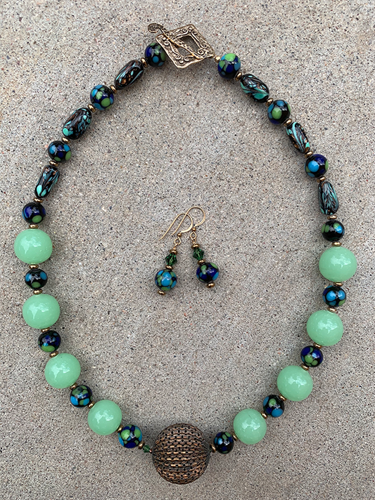 Necklace Set | Vintage Japanese and Italian lampwork beads, brass focal bead
