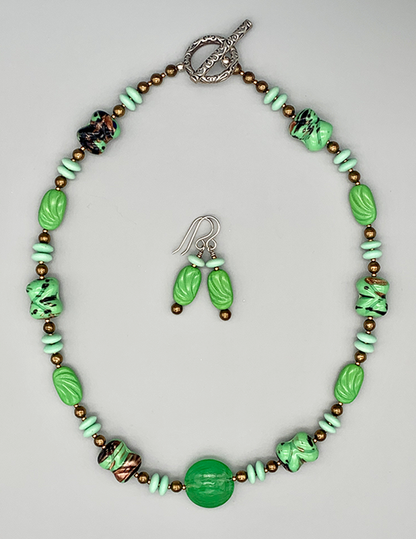 Necklace Set | Mint to grass green vintage glass beads, bronze glass rounds, aventurina accents