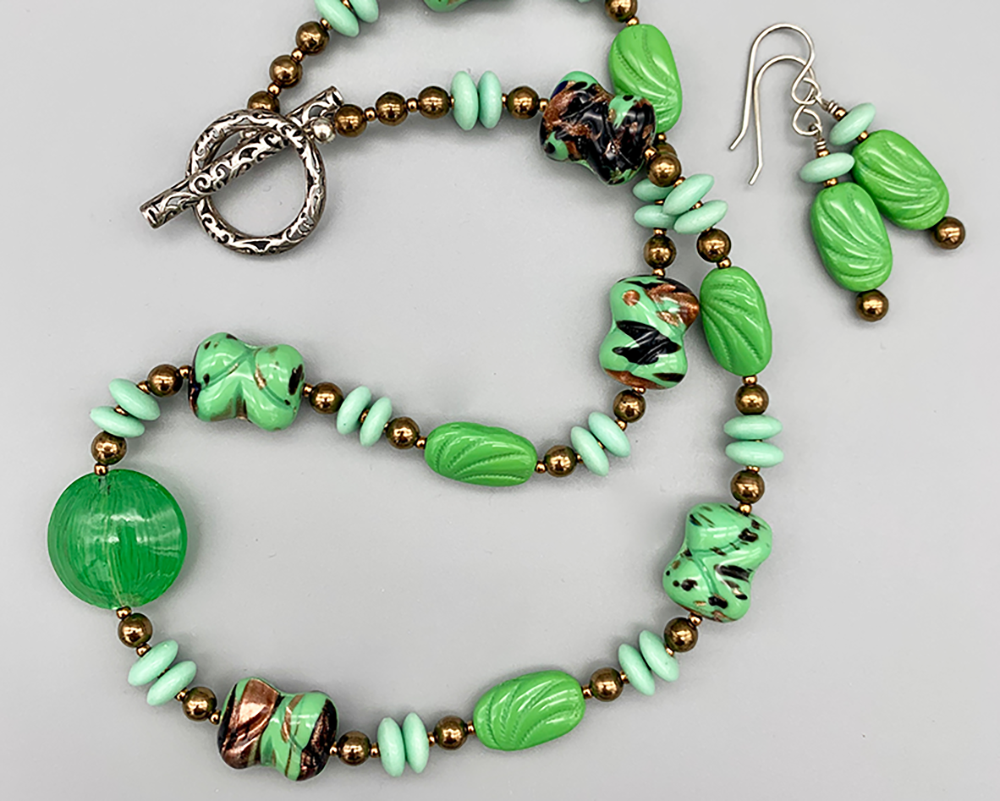 Necklace Set | Mint to grass green vintage glass beads, bronze glass rounds, aventurina accents