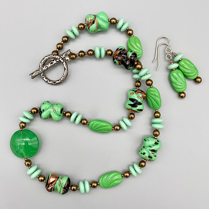 Necklace Set | Mint to grass green vintage glass beads, bronze glass rounds, aventurina accents
