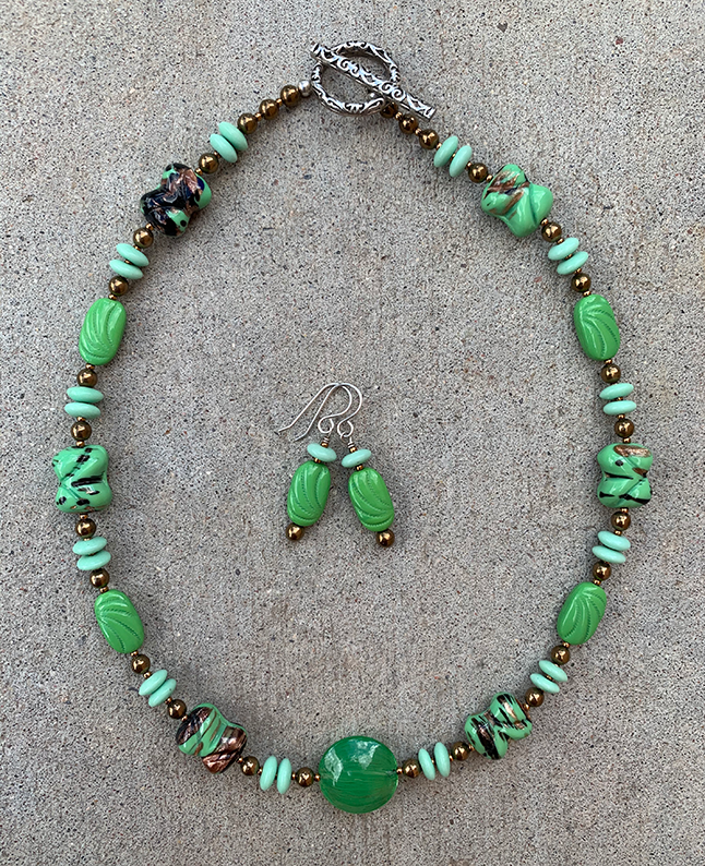 Necklace Set | Mint to grass green vintage glass beads, bronze glass rounds, aventurina accents