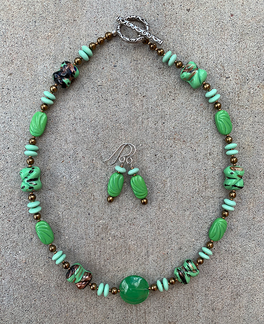 Necklace Set | Mint to grass green vintage glass beads, bronze glass rounds, aventurina accents