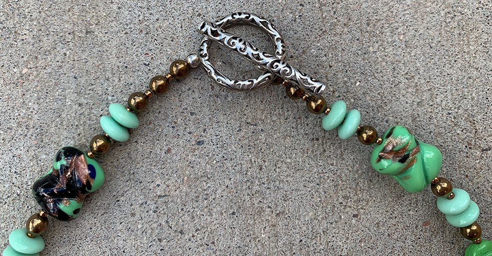 Necklace Set | Mint to grass green vintage glass beads, bronze glass rounds, aventurina accents