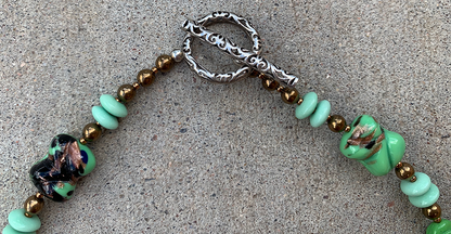 Necklace Set | Mint to grass green vintage glass beads, bronze glass rounds, aventurina accents
