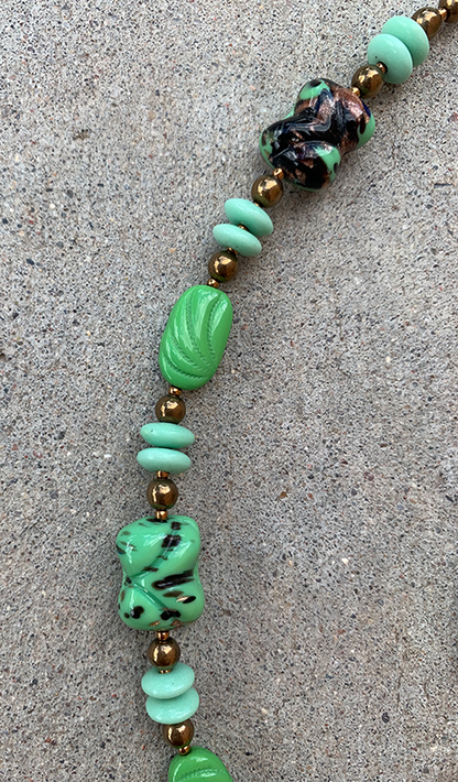 Necklace Set | Mint to grass green vintage glass beads, bronze glass rounds, aventurina accents