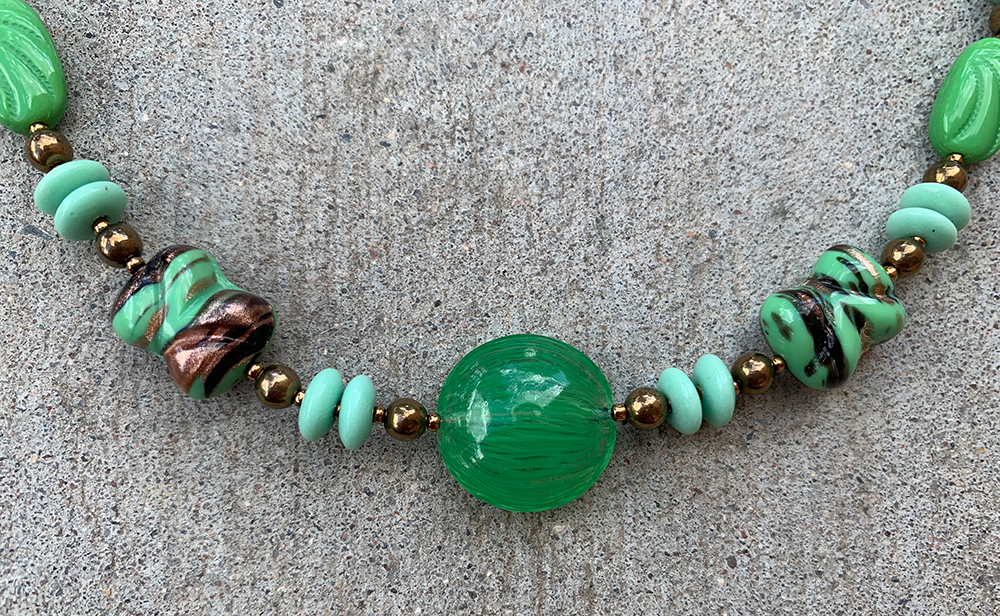 Necklace Set | Mint to grass green vintage glass beads, bronze glass rounds, aventurina accents