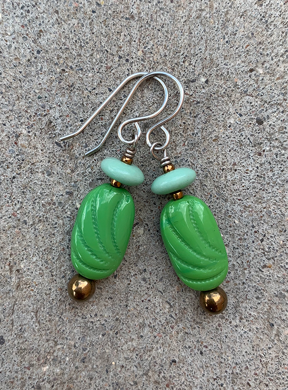 Necklace Set | Mint to grass green vintage glass beads, bronze glass rounds, aventurina accents