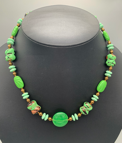 Necklace Set | Mint to grass green vintage glass beads, bronze glass rounds, aventurina accents