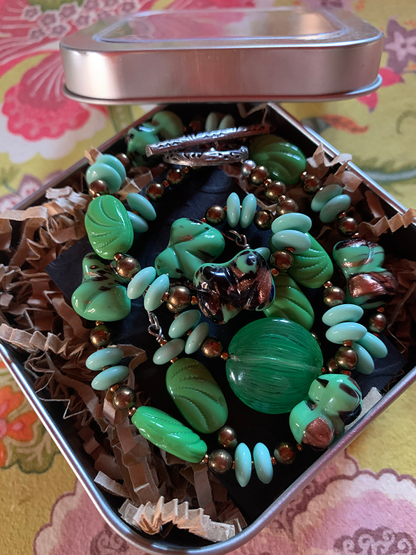 Necklace Set | Mint to grass green vintage glass beads, bronze glass rounds, aventurina accents