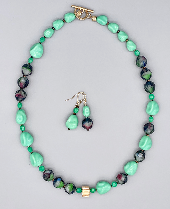 Necklace Set | Mid-century green glass beads, West German givre faceted rounds, turquoise green baroque nuggets, faceted opaque coins