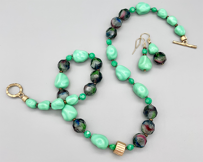 Necklace Set | Mid-century green glass beads, West German givre faceted rounds, turquoise green baroque nuggets, faceted opaque coins