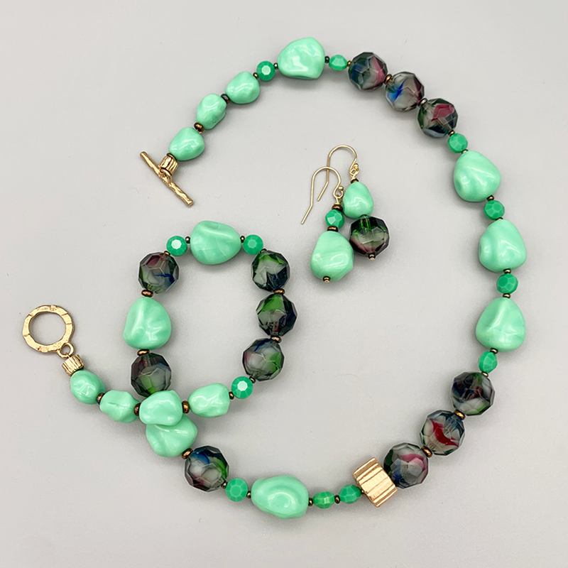 Necklace Set | Mid-century green glass beads, West German givre faceted rounds, turquoise green baroque nuggets, faceted opaque coins
