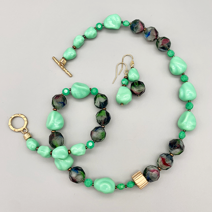 Necklace Set | Mid-century green glass beads, West German givre faceted rounds, turquoise green baroque nuggets, faceted opaque coins