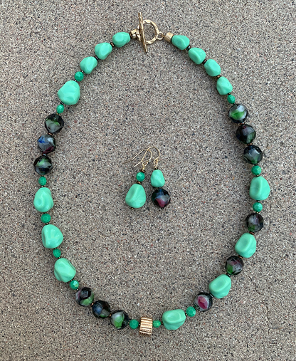 Necklace Set | Mid-century green glass beads, West German givre faceted rounds, turquoise green baroque nuggets, faceted opaque coins