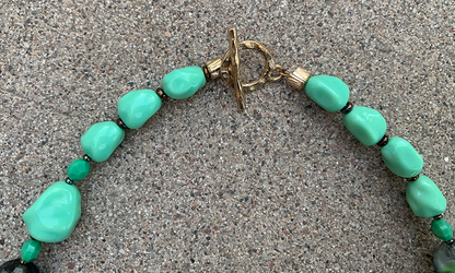 Necklace Set | Mid-century green glass beads, West German givre faceted rounds, turquoise green baroque nuggets, faceted opaque coins