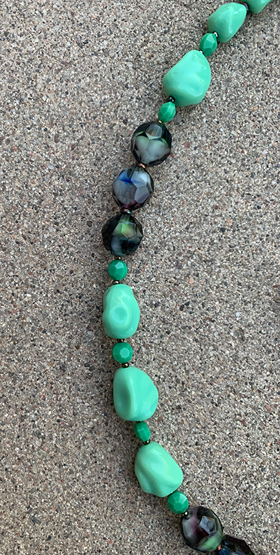 Necklace Set | Mid-century green glass beads, West German givre faceted rounds, turquoise green baroque nuggets, faceted opaque coins