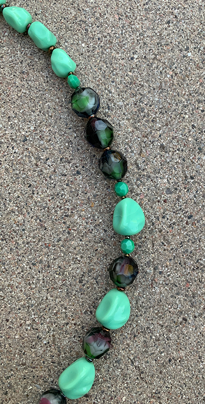 Necklace Set | Mid-century green glass beads, West German givre faceted rounds, turquoise green baroque nuggets, faceted opaque coins