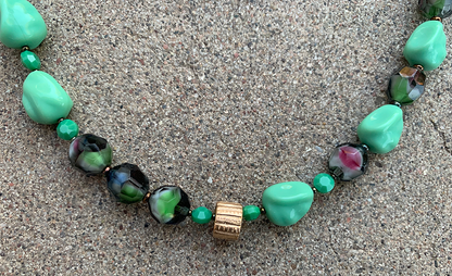 Necklace Set | Mid-century green glass beads, West German givre faceted rounds, turquoise green baroque nuggets, faceted opaque coins