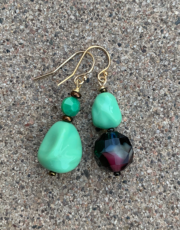 Necklace Set | Mid-century green glass beads, West German givre faceted rounds, turquoise green baroque nuggets, faceted opaque coins