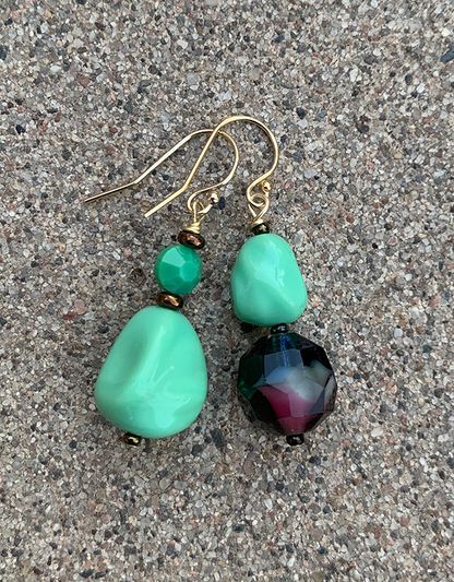 Necklace Set | Mid-century green glass beads, West German givre faceted rounds, turquoise green baroque nuggets, faceted opaque coins