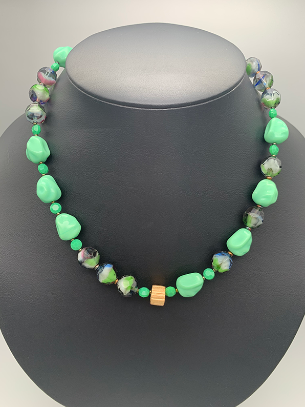 Necklace Set | Mid-century green glass beads, West German givre faceted rounds, turquoise green baroque nuggets, faceted opaque coins