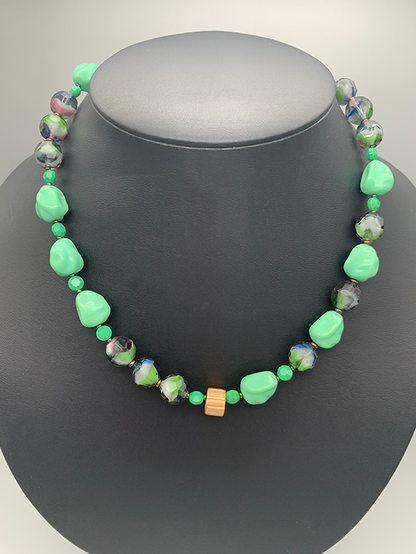 Necklace Set | Mid-century green glass beads, West German givre faceted rounds, turquoise green baroque nuggets, faceted opaque coins