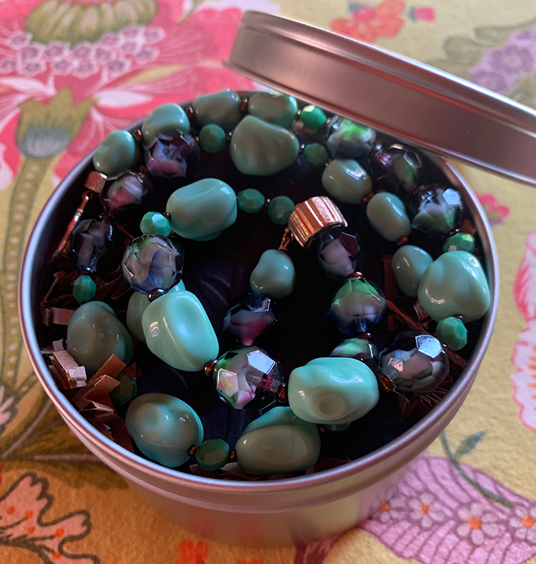 Necklace Set | Mid-century green glass beads, West German givre faceted rounds, turquoise green baroque nuggets, faceted opaque coins