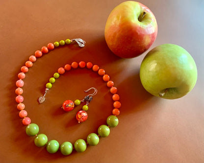 Necklace set | Apple green Bakelite focal rounds, 1950s Japanese coral and chartreuse glass beads, apple red silver foil rounds, sterling silver findings