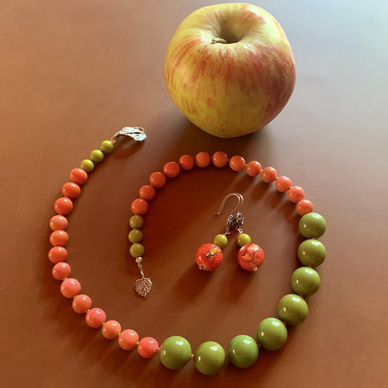 Necklace set | Apple green Bakelite focal rounds, 1950s Japanese coral and chartreuse glass beads, apple red silver foil rounds, sterling silver findings