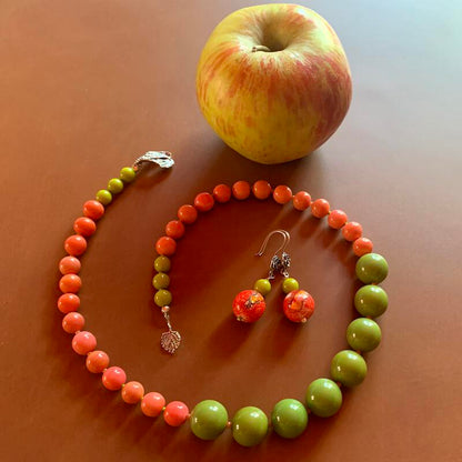 Necklace set | Apple green Bakelite focal rounds, 1950s Japanese coral and chartreuse glass beads, apple red silver foil rounds, sterling silver findings