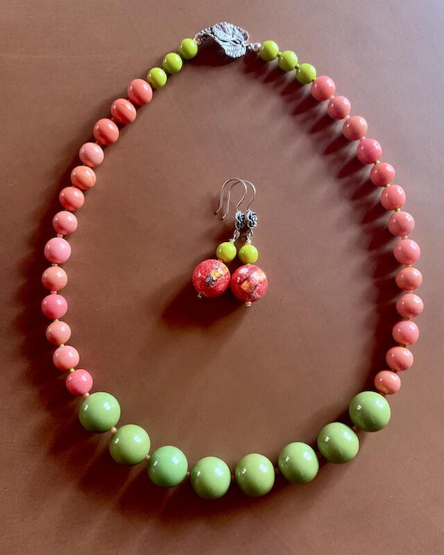 Necklace set | Apple green Bakelite focal rounds, 1950s Japanese coral and chartreuse glass beads, apple red silver foil rounds, sterling silver findings