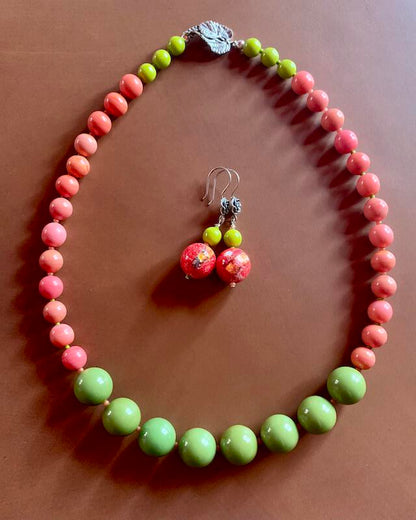 Necklace set | Apple green Bakelite focal rounds, 1950s Japanese coral and chartreuse glass beads, apple red silver foil rounds, sterling silver findings