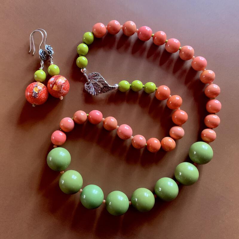 Necklace set | Apple green Bakelite focal rounds, 1950s Japanese coral and chartreuse glass beads, apple red silver foil rounds, sterling silver findings