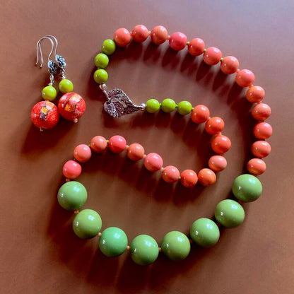 Necklace set | Apple green Bakelite focal rounds, 1950s Japanese coral and chartreuse glass beads, apple red silver foil rounds, sterling silver findings