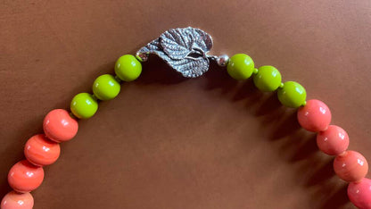 Necklace set | Apple green Bakelite focal rounds, 1950s Japanese coral and chartreuse glass beads, apple red silver foil rounds, sterling silver findings