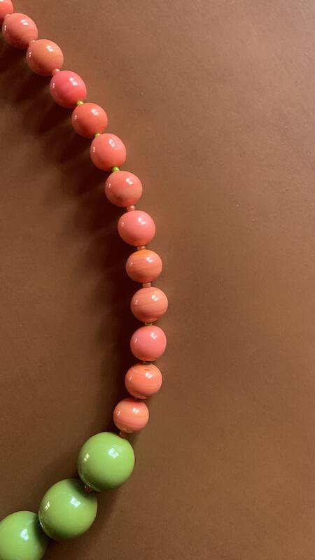 Necklace set | Apple green Bakelite focal rounds, 1950s Japanese coral and chartreuse glass beads, apple red silver foil rounds, sterling silver findings