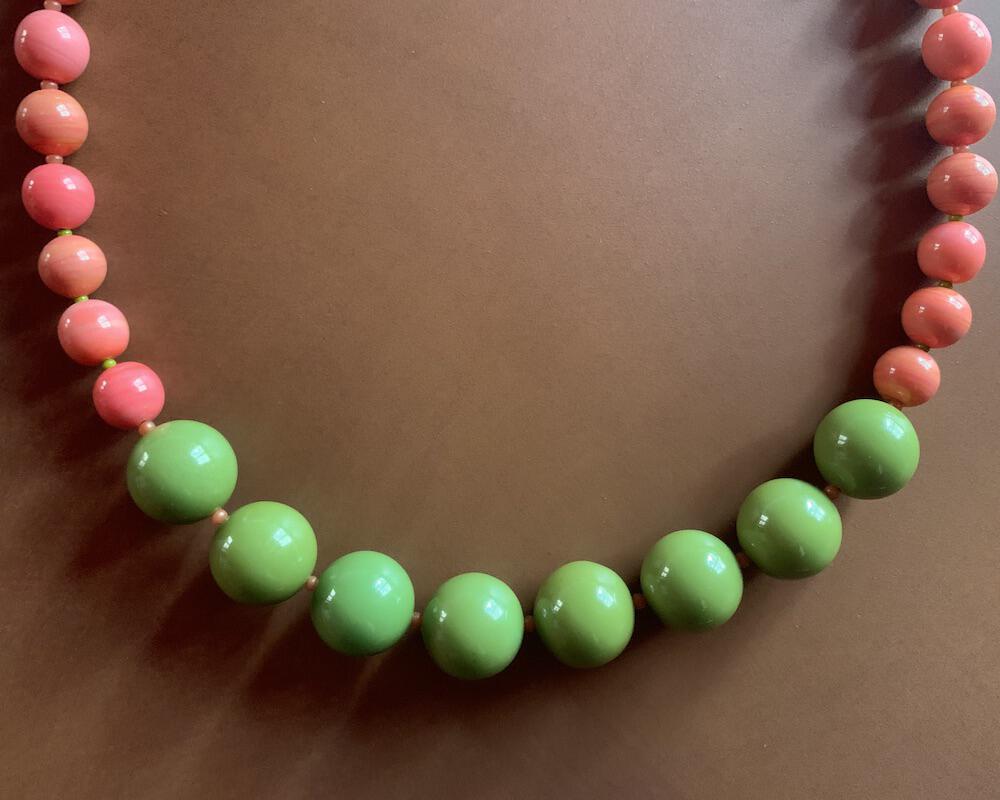 Necklace set | Apple green Bakelite focal rounds, 1950s Japanese coral and chartreuse glass beads, apple red silver foil rounds, sterling silver findings