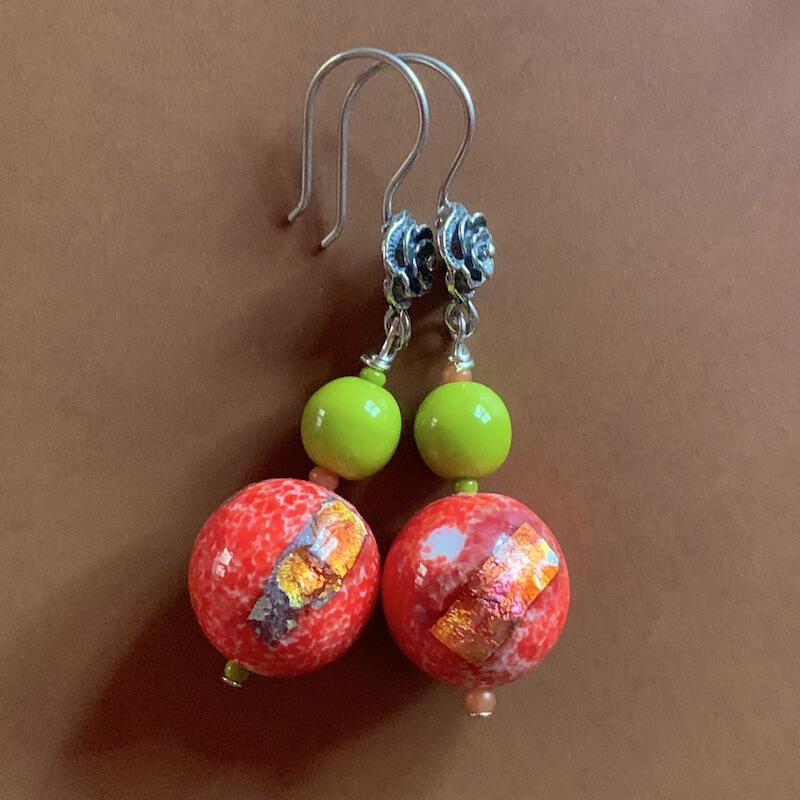 Necklace set | Apple green Bakelite focal rounds, 1950s Japanese coral and chartreuse glass beads, apple red silver foil rounds, sterling silver findings
