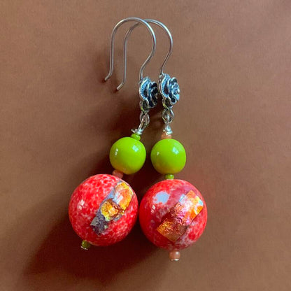 Necklace set | Apple green Bakelite focal rounds, 1950s Japanese coral and chartreuse glass beads, apple red silver foil rounds, sterling silver findings