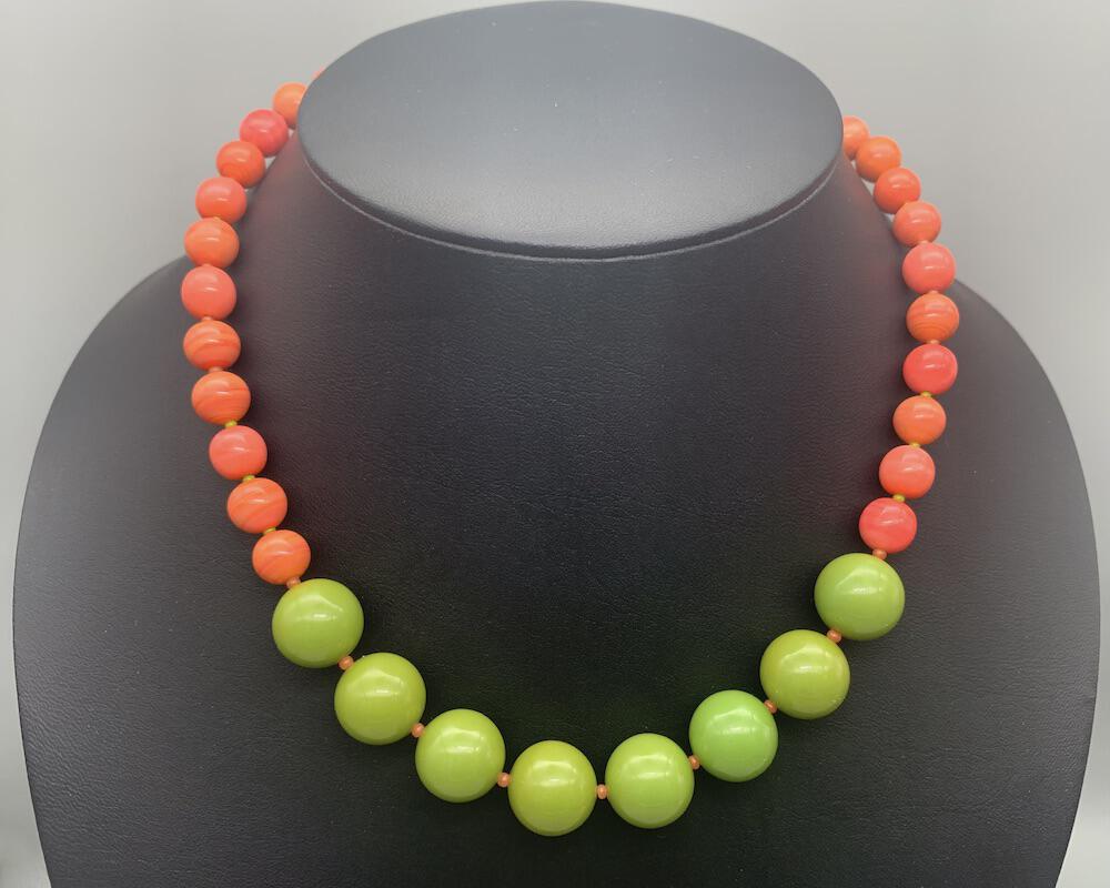 Necklace set | Apple green Bakelite focal rounds, 1950s Japanese coral and chartreuse glass beads, apple red silver foil rounds, sterling silver findings