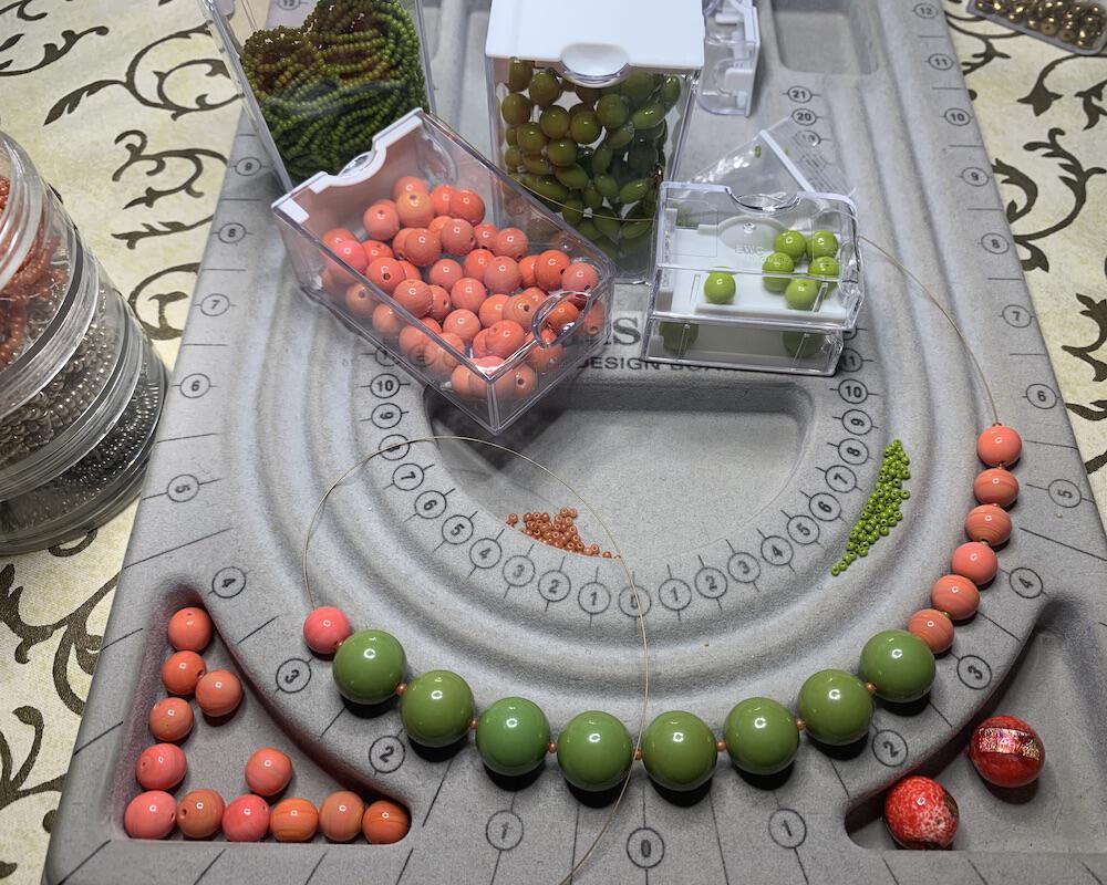 Necklace set | Apple green Bakelite focal rounds, 1950s Japanese coral and chartreuse glass beads, apple red silver foil rounds, sterling silver findings
