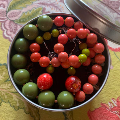 Necklace set | Apple green Bakelite focal rounds, 1950s Japanese coral and chartreuse glass beads, apple red silver foil rounds, sterling silver findings