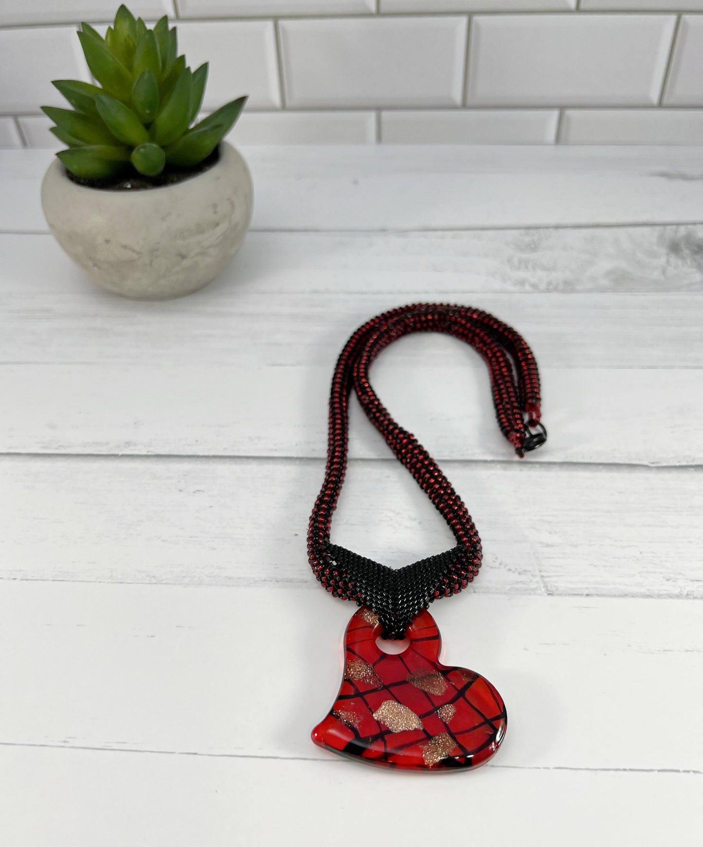 Red Heart Pendant Necklace, Beaded Necklace, Nickel Free, 21 Inch