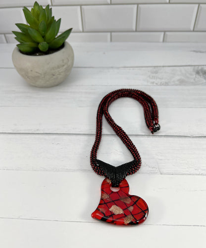 Red Heart Pendant Necklace, Beaded Necklace, Nickel Free, 21 Inch