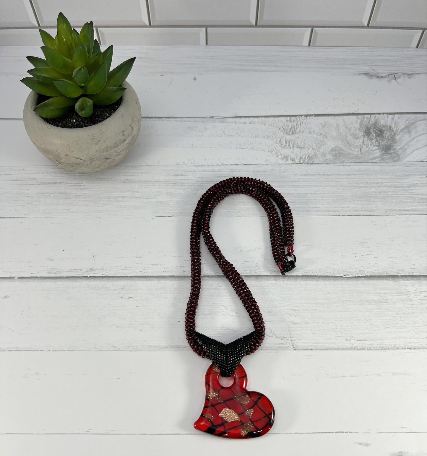 Red Heart Pendant Necklace, Beaded Necklace, Nickel Free, 21 Inch