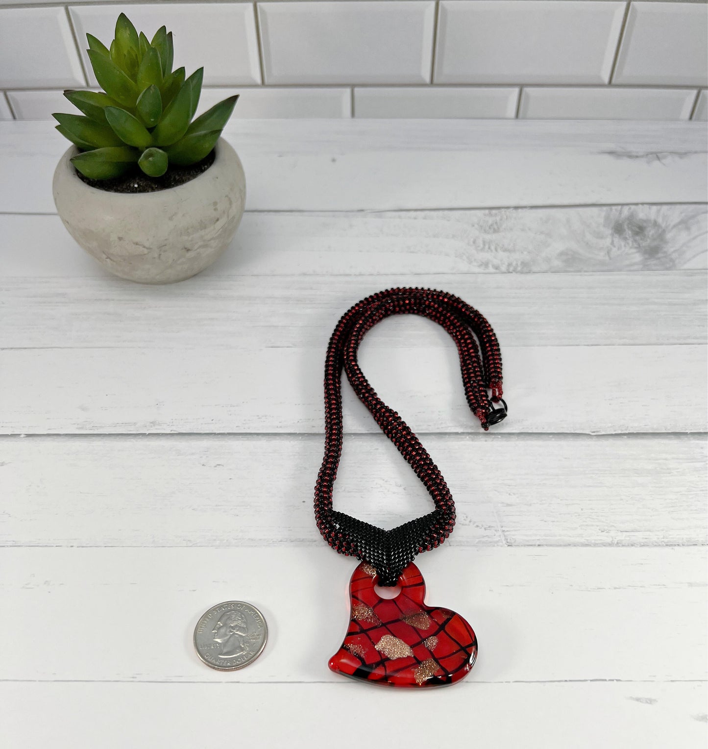 Red Heart Pendant Necklace, Beaded Necklace, Nickel Free, 21 Inch