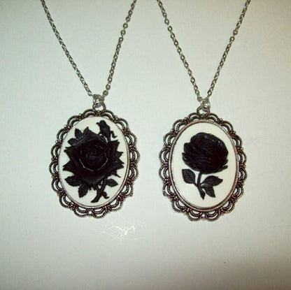 Black Rose Cameo Pendant Necklace, 40X30 mm
