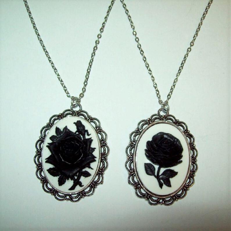 Black Rose Cameo Pendant Necklace, 40X30 mm