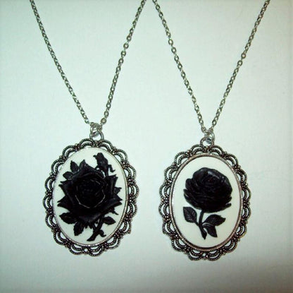Black Rose Cameo Pendant Necklace, 40X30 mm
